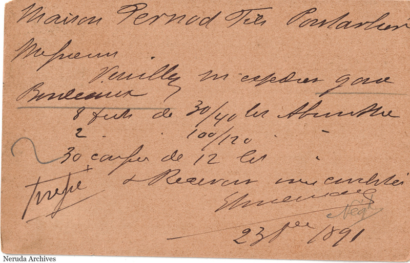 NRA-L-000343 image 2 showing the handwritten message from E. Andouard to Pernod Fils, with contemporary annotations and the sender's signature or business mark.