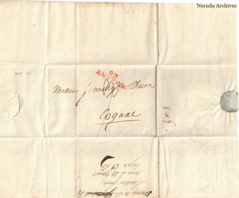 NRA-L-000392 image 1 showing the folded address panel to a correspondent in Cognac, with a postal marking, seal remnant and manuscript docketing.