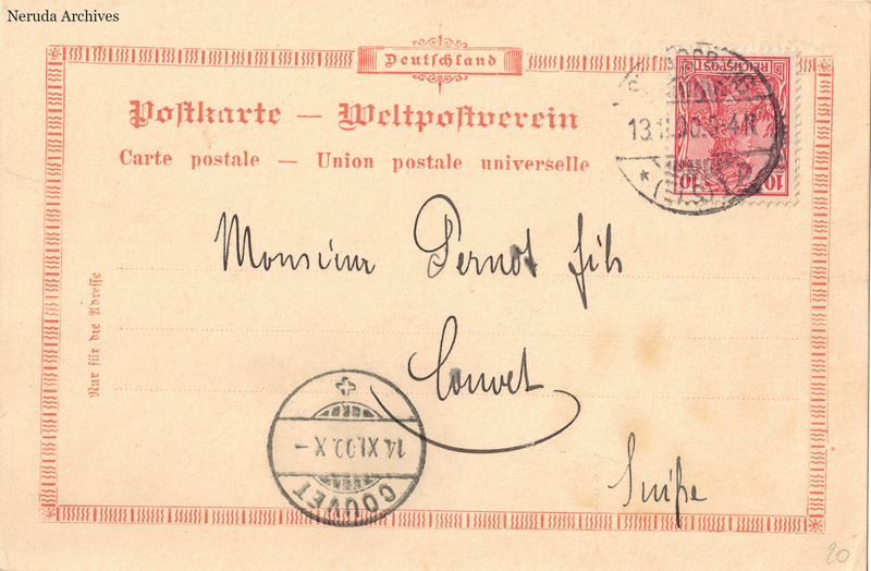 NRA-L-000162 image 1 showing a red German postcard addressed to Monsieur Pernod fils in Couvet, Switzerland, with a postage stamp and postmarks.
