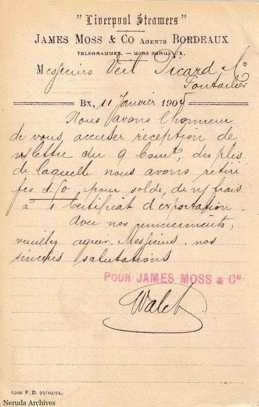 NRA-L-000219 image 2 showing the handwritten message from James Moss & Co. to Veil-Picard & Cie, with contemporary annotations and the sender's signature or business mark.
