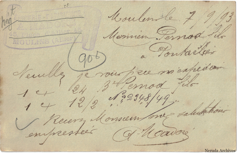 NRA-L-000191 image 2 showing the handwritten message from A. Mandré to Pernod Fils, with contemporary annotations and the sender's signature or business mark.