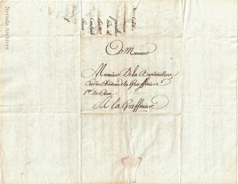 NRA-L-000020 image 1 showing the address panel for Dupuy's letter to Monsieur de la Bardouillère at La Graffiniere.