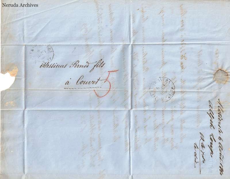 NRA-L-000110 image 1 showing the folded address panel to Pernod fils in Couvet with postal marks, red rate notation, manuscript docketing, a seal remnant and irregular edge losses.
