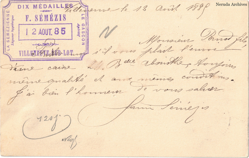 NRA-L-000255 image 2 showing the handwritten message from F. Sémézis to Pernod Fils, with contemporary annotations and the sender's signature or business mark.