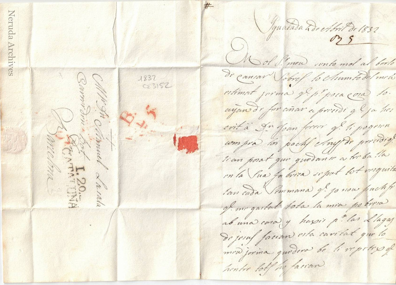 NRA-L-000005 image 1 showing the address to Manuel Lasala in Barcelona and the first page of Joan Serra's Catalan letter from Igualada, 4 April 1832.