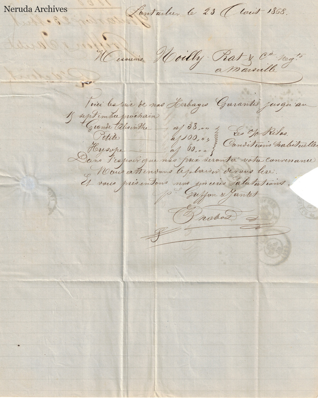 NRA-L-000154 image 2 showing a French commercial letter dated at Pontarlier on 23 August 1868 and addressed to Noilly Prat and Company, with price entries, signature, postal impressions, folds and a substantial right-edge paper loss.