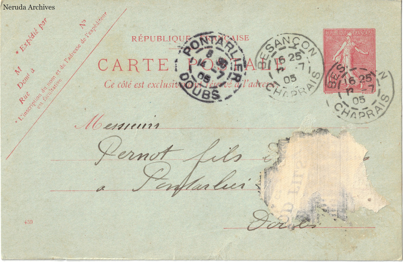 NRA-L-000210 image 1 showing the address side of a postcard sent by Louis Bellais to Pernot Fils, with contemporary postal and business marks.