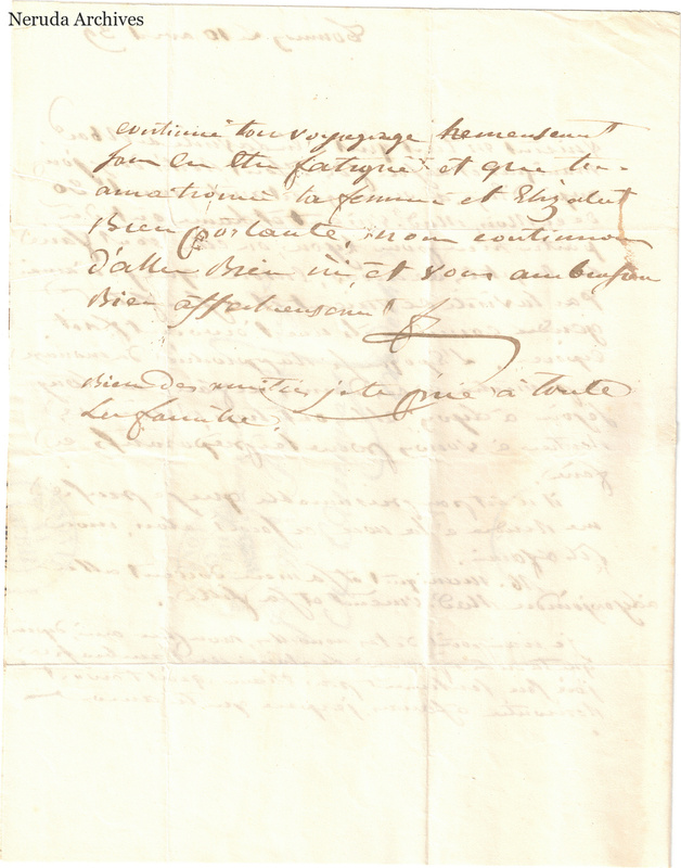 NRA-L-000579 image 3 showing a handwritten French letter continuation with closing, signature, later notes, folds and paper edges.