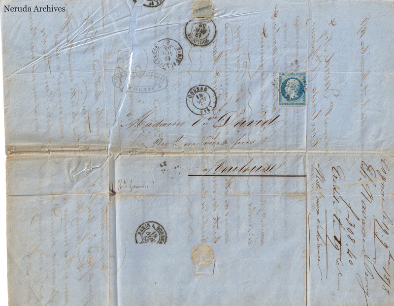NRA-L-000156 image 1 showing the address panel to Madame, widow David, a merchant at Toulouse, with postage stamp, numerous circular postmarks, manuscript forwarding and account notes, folds, seal residue and worn paper edges.