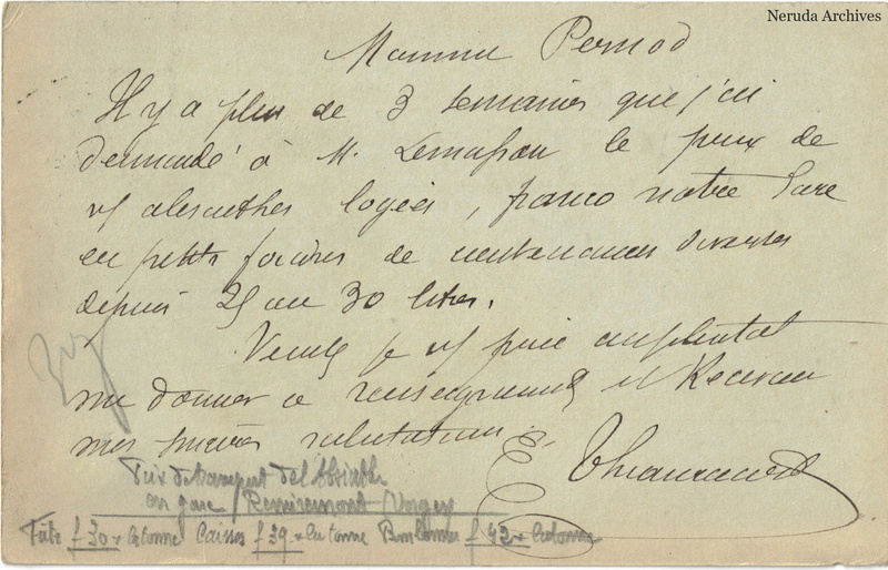 NRA-L-000291 image 2 showing the handwritten message from Émile Thiaucourt to Pernod Fils, with contemporary annotations and the sender's signature or business mark.