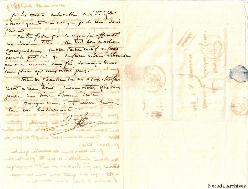 NRA-L-000566 image 2 showing a folded French letter combining manuscript text, address panel, postal marks, seals, folds and retained annotations.