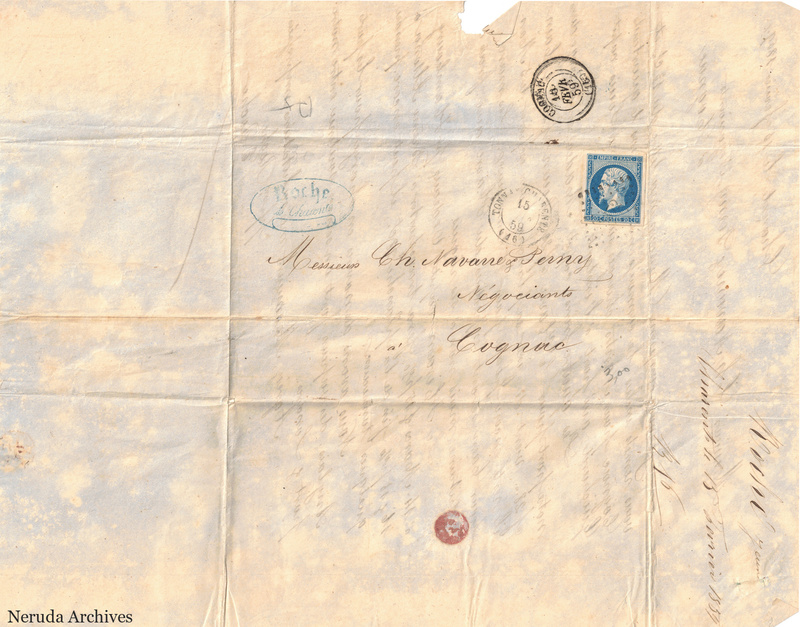NRA-L-000465 image 1 showing the address panel to a commercial correspondent in Cognac with postal evidence.