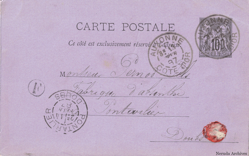 NRA-L-000329 image 1 showing the address side of a postcard sent by P. Ch. Bavard to Pernod Fils, with contemporary postal and business marks.