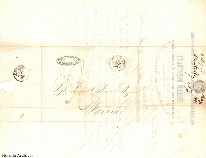 NRA-L-000743 image 1 showing the folded delivery address to Samuel Finzi e Magrini in Ferrara, with postal marks and a handwritten filing docket.