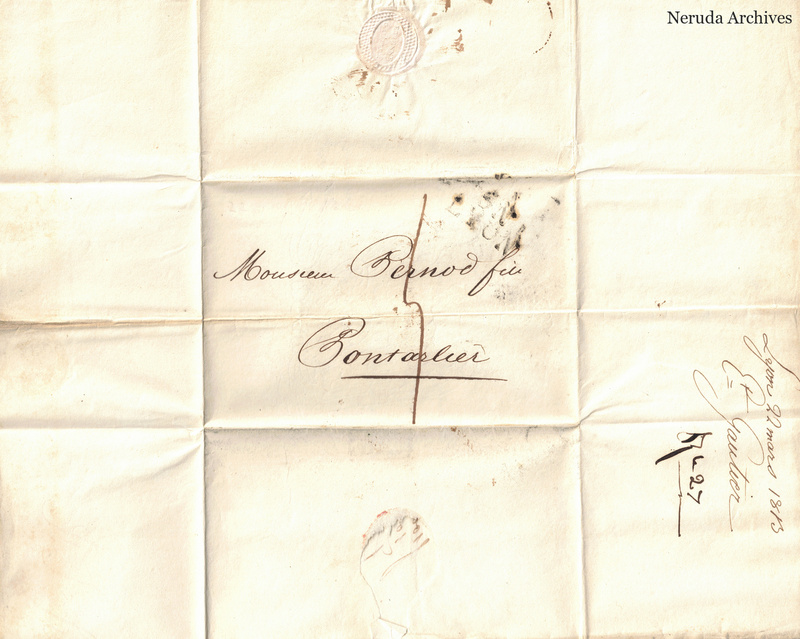 NRA-L-000119 image 1 showing the folded address panel to Pernod fils in Pontarlier with a seal impression, receiver docketing and manuscript rate notation.