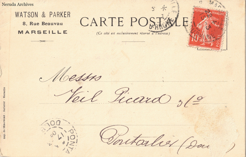 NRA-L-000222 image 1 showing the address side of a postcard sent by Watson & Parker to Veil-Picard & Cie, with contemporary postal and business marks.
