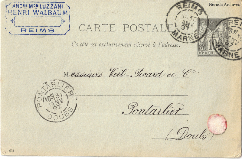 NRA-L-000311 image 1 showing the complete address side of the postcard, with the recipient address, postage, postmarks and contemporary business or filing marks.