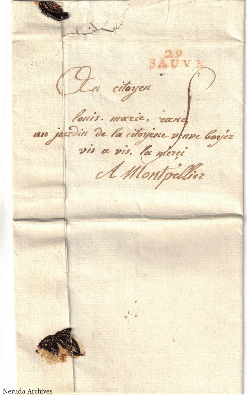 NRA-L-000670 image 1 showing a folded address panel to a citizen in Montpellier, with the Sauve postmark and wax-seal remnants.