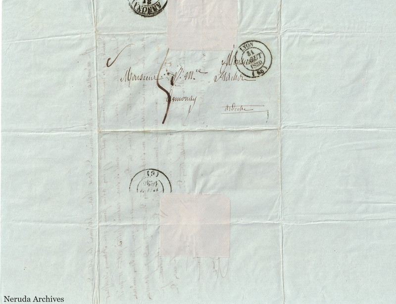NRA-L-000547 image 1 showing a folded address panel to a Frachon correspondent with postal marks, routing notes, seals, folds and retained annotations.