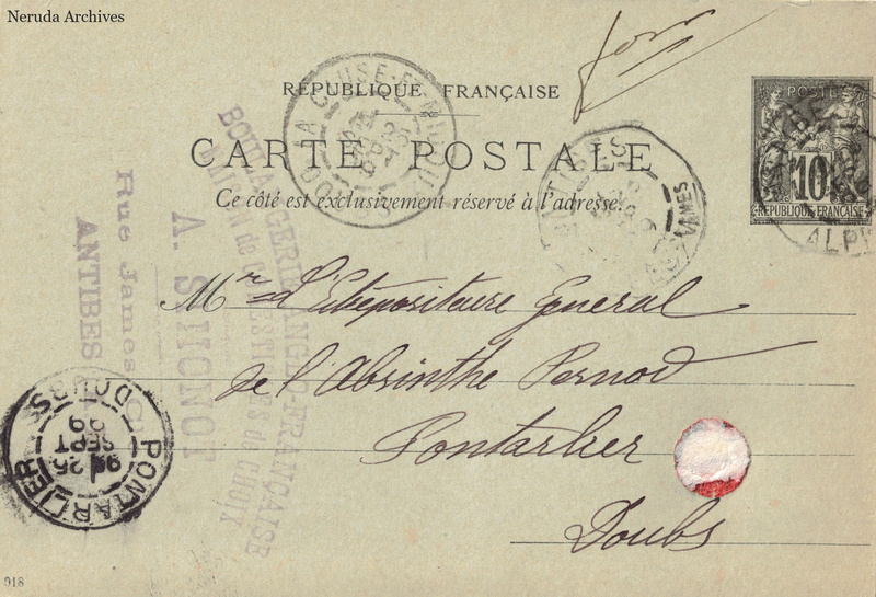 NRA-L-000341 image 1 showing the address side of a postcard sent by A. Simonot to General warehouseman for Pernod absinthe, with contemporary postal and business marks.