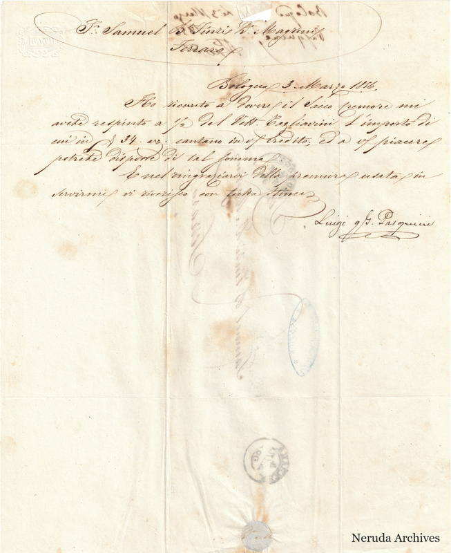 NRA-L-000739 image 2 showing a letter from Luigi g.b. Pasquini, dated 1856-03-03 in Bologna, with its original handwritten heading and signature.