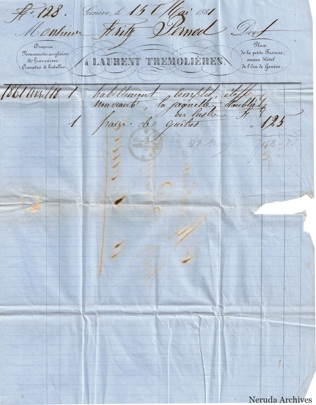 NRA-L-000087 image 3 showing a printed Laurent Tremollieres invoice headed at Geneva with a handwritten clothing entry, amount, fold lines and a large right-edge paper loss.
