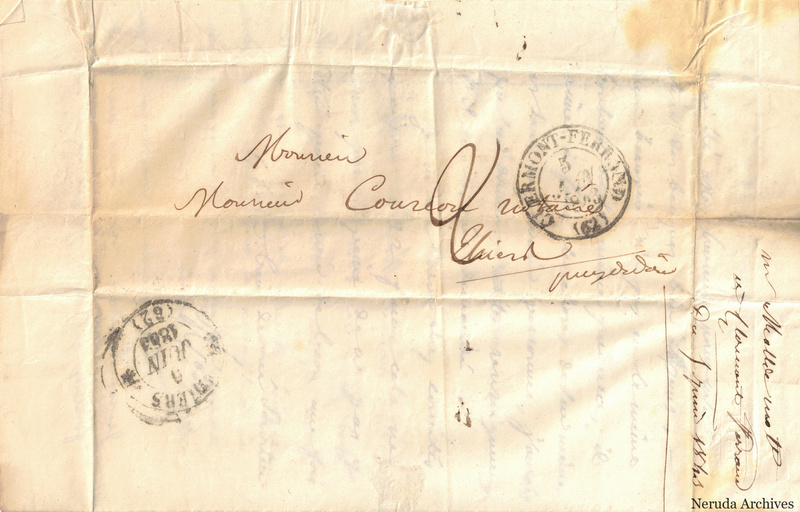 NRA-L-000061 image 1 showing the address panel to Monsieur Courdoux, a notary in Thiers, with two circular postal cancellations, folds and docketing along the right edge.