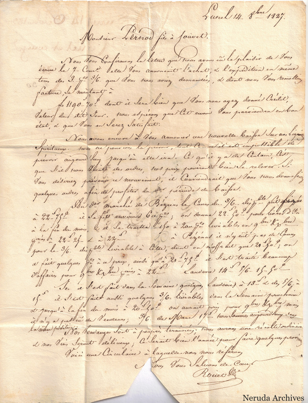 NRA-L-000100 image 2 showing letter text for letter and circular from Roüet & Ce to Pernod fils concerning spirits markets, October 14, 1827.