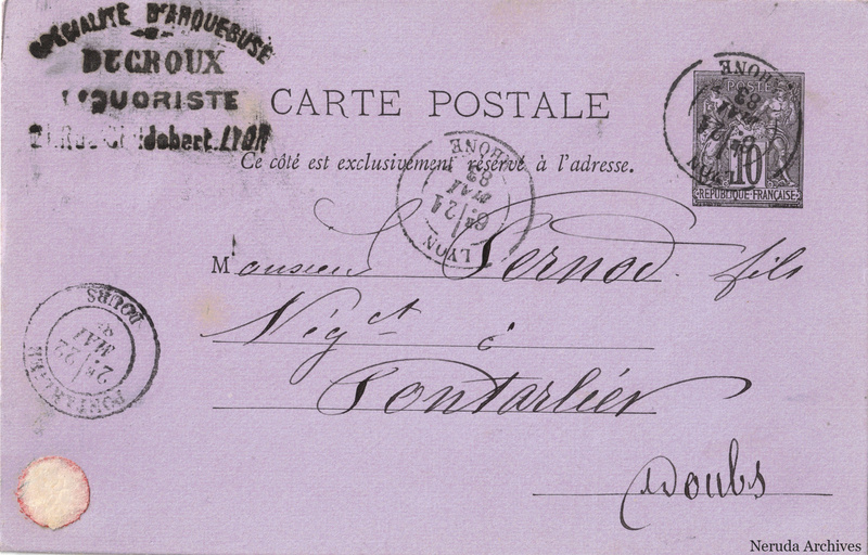 NRA-L-000272 image 1 showing the address side of a postcard sent by Ducroux, liquoriste to Pernod Fils, with contemporary postal and business marks.