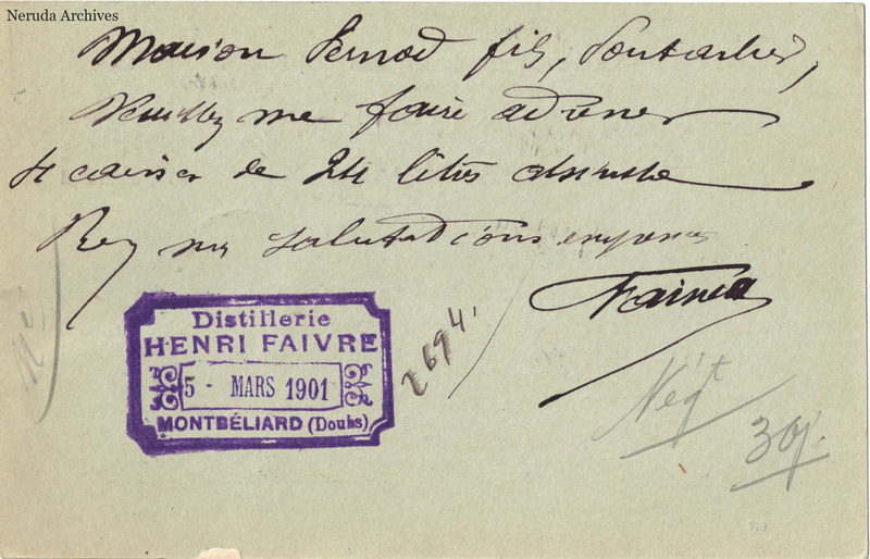 NRA-L-000193 image 2 showing the handwritten message from Henri Faivre to Pernod Fils, with contemporary annotations and the sender's signature or business mark.