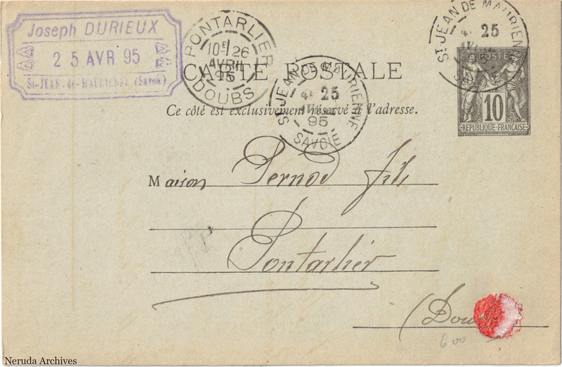 NRA-L-000287 image 1 showing the address side of a postcard sent by Joseph Durieux to Pernod Fils, with contemporary postal and business marks.