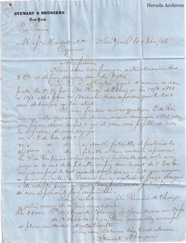 NRA-L-000406 image 2 showing a handwritten French commercial letter from Stewart & Brugiere in New York, with quantities, account details and a closing signature on blue paper.