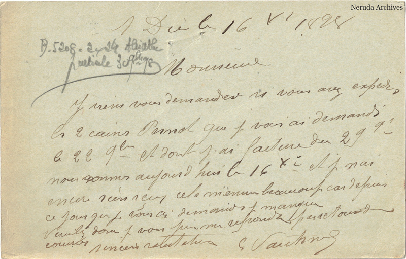 NRA-L-000295 image 2 showing the handwritten message from Louis Vautrin to Pernod Fils, with contemporary annotations and the sender's signature or business mark.