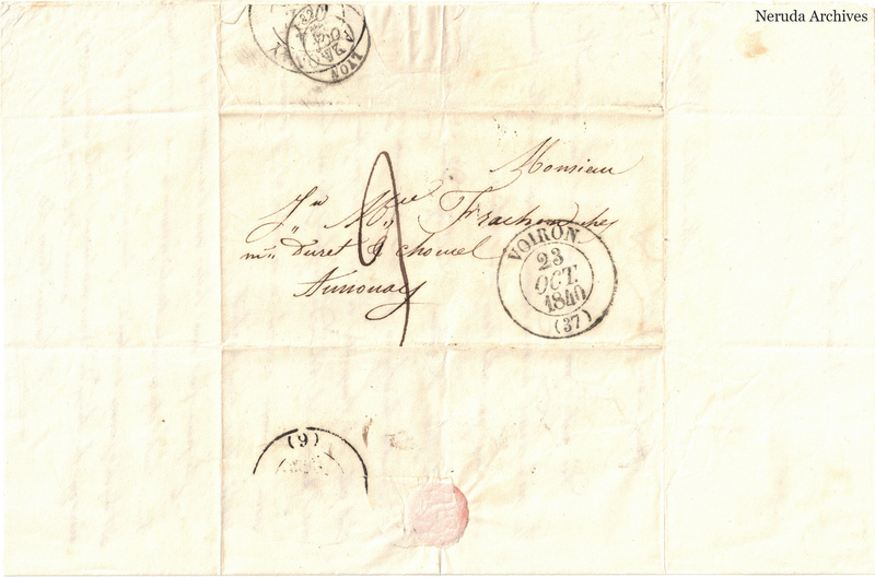 NRA-L-000488 image 1 showing a folded address panel to a Frachon correspondent with circular postal marks, routing notations and visible folds.
