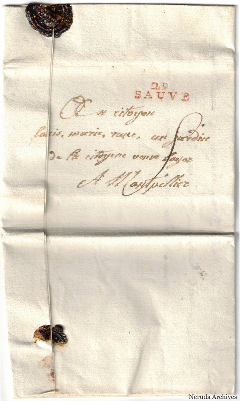 NRA-L-000669 image 1 showing a folded address panel to a citizen in Montpellier, with the Sauve postmark and wax-seal remnants.