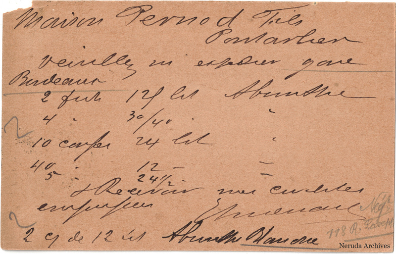 NRA-L-000220 image 2 showing the handwritten message from E. Andouard to Pernod Fils, with contemporary annotations and the sender's signature or business mark.
