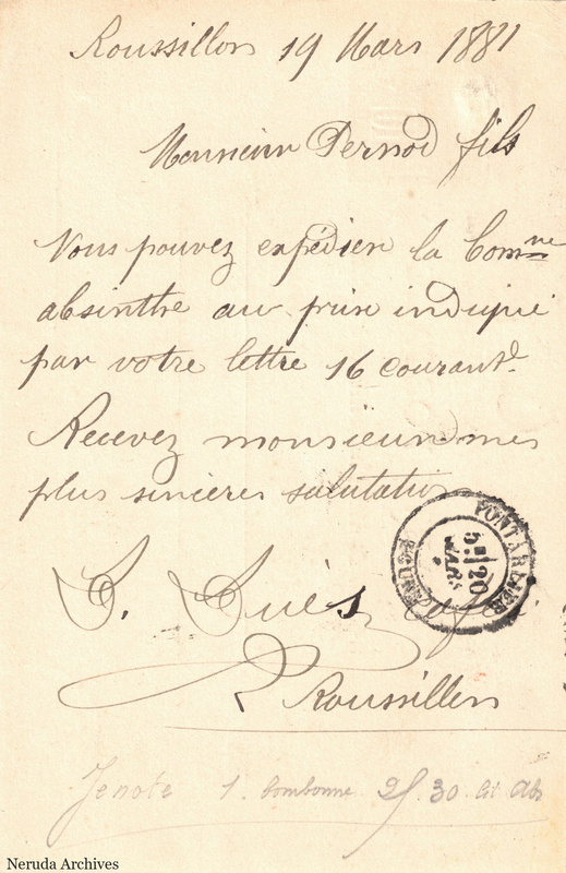 NRA-L-000335 image 2 showing the handwritten message from C. Aulès to Pernod Fils, with contemporary annotations and the sender's signature or business mark.