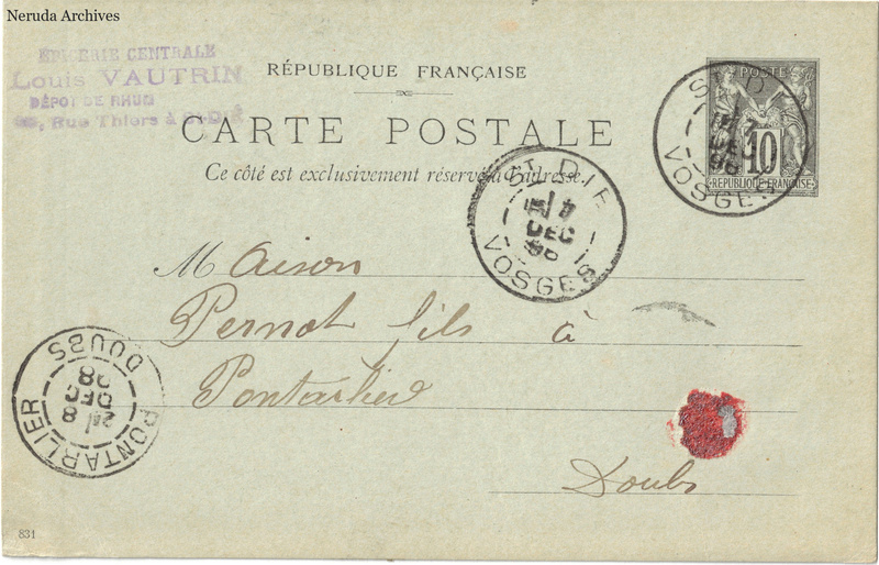 NRA-L-000292 image 1 showing the address side of a postcard sent by Louis Vautrin to Pernod Fils, with contemporary postal and business marks.