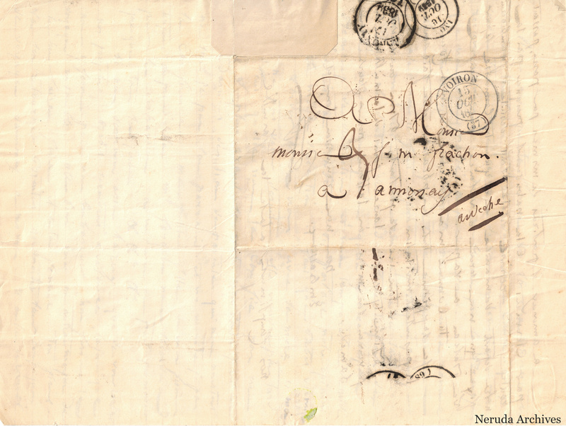 NRA-L-000477 image 1 showing the folded address panel to Joseph Frachon in Annonay with several circular postal marks, manuscript routing, folds and a small green seal remnant.