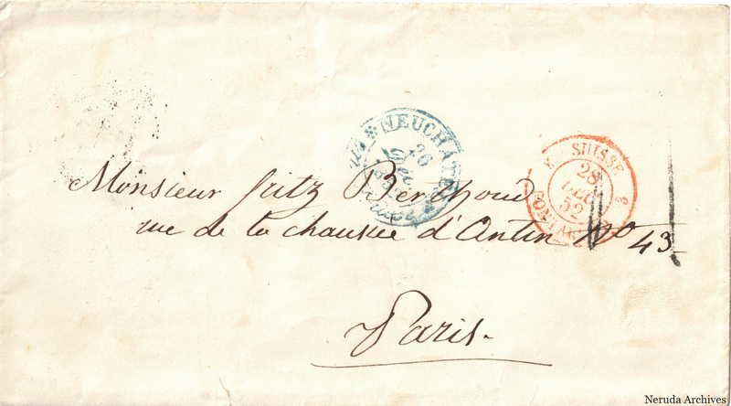 NRA-L-000324 image 1 showing an envelope addressed to Fritz at 43 rue de la Chaussee-d'Antin in Paris, with overlapping blue and red postmarks.