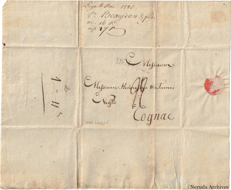 NRA-L-000396 image 1 showing the folded address panel to Hennessy & Turner in Cognac, with a red sealing remnant and manuscript docketing.