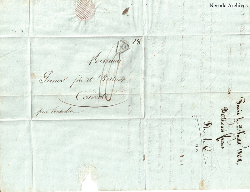 NRA-L-000081 image 1 showing the folded address panel to Pernod fils et Bouthoux in Couvet with manuscript routing notes, a seal remnant and postal markings.