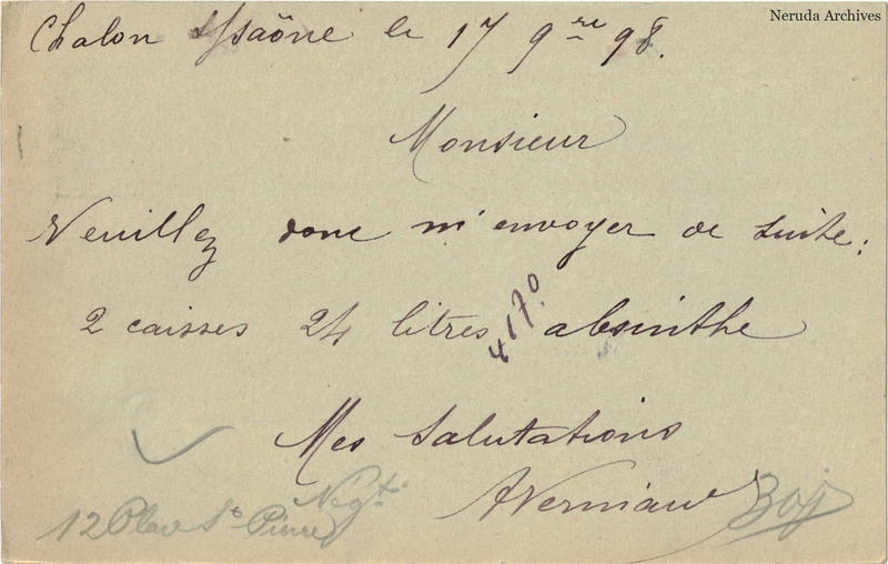 NRA-L-000263 image 2 showing the handwritten message from A. Verniaud, Épicerie Centrale to Pernod Fils, with contemporary annotations and the sender's signature or business mark.