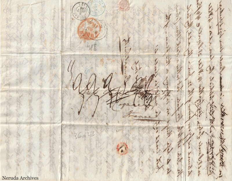 NRA-L-000405 image 1 showing the folded address panel to Otard Dupuy & Co in Cognac, with several postal marks, seal trace and extensive manuscript docketing.