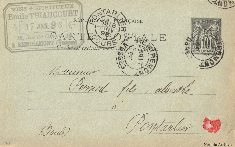NRA-L-000291 image 1 showing the address side of a postcard sent by Émile Thiaucourt to Pernod Fils, with contemporary postal and business marks.