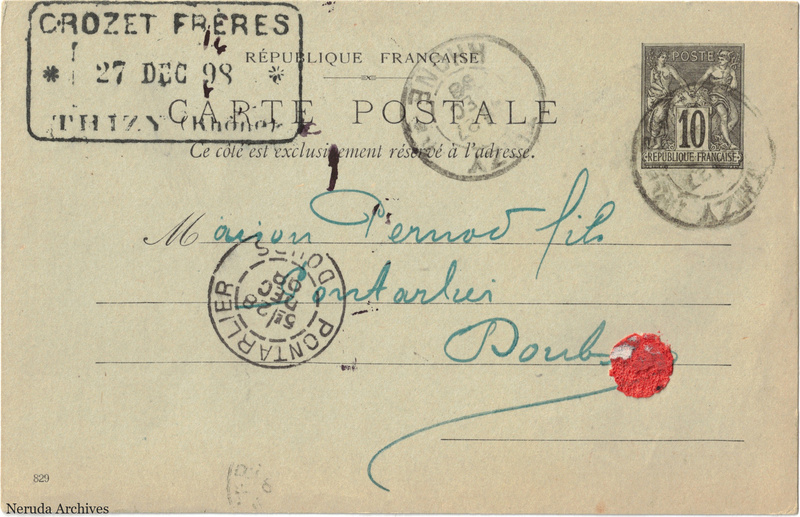 NRA-L-000185 image 1 showing the address side of a postcard sent by Crozet Frères to Pernod Fils, with contemporary postal and business marks.