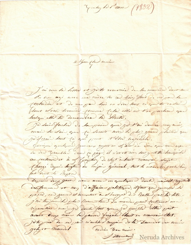 NRA-L-000015 image 2 showing Darricau's letter from Toulon, dated 1 March 1832, discussing local calm, duels and repairs to a frigate.