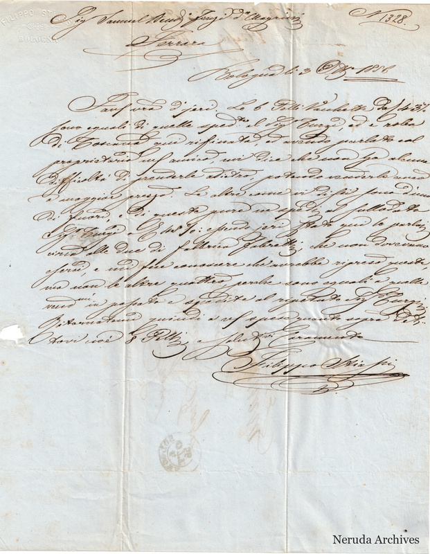 NRA-L-000716 image 2 showing the incoming Italian letter from Filippo Stiassi in Bologna, with the handwritten signature and business text.