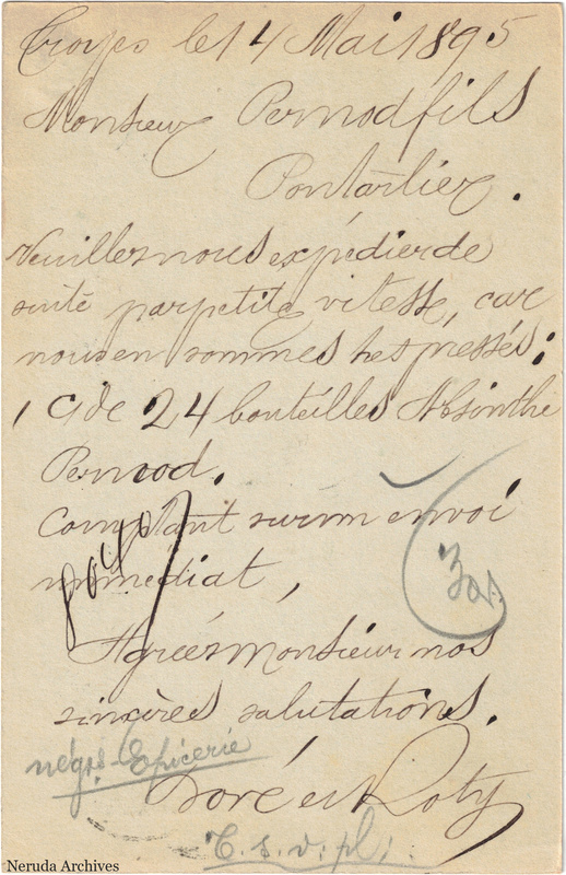 NRA-L-000270 image 2 showing the handwritten message from Doré & Roty to Pernod Fils, with contemporary annotations and the sender's signature or business mark.