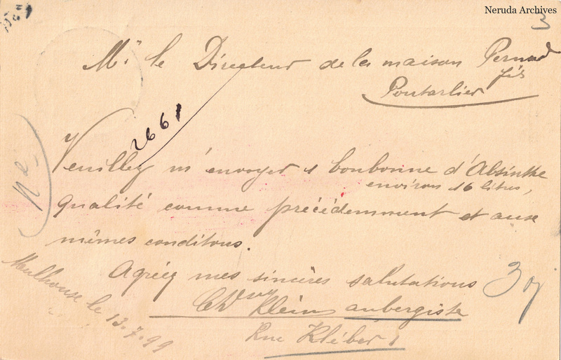 NRA-L-000165 image 2 showing a French message concerning a bonbonne of absinthe, with a signature and later docketing.